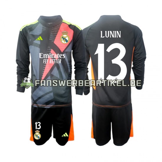 Andriy Lunin 13 Torwart Trikot Real Madrid Kinder Auswärtsausrüstung Schwarz 2024-2025 Langarm