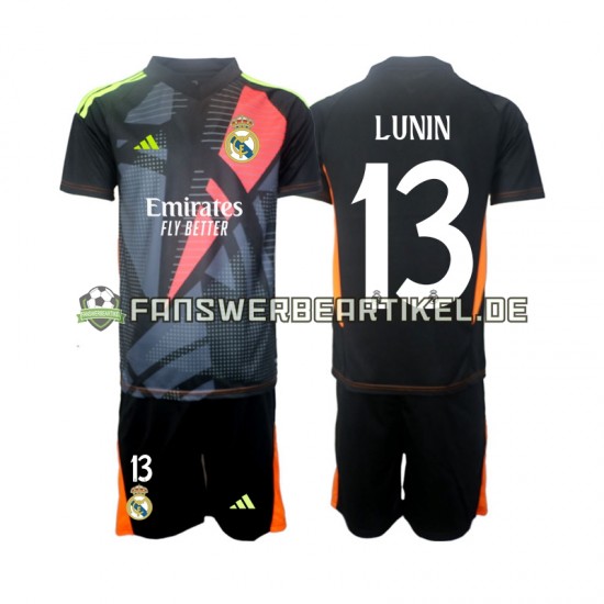 Andriy Lunin 13 Torwart Trikot Real Madrid Kinder Auswärtsausrüstung Schwarz 2024-2025 Kurzarm