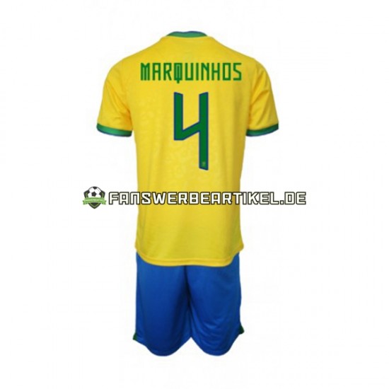 Marquinhos 4 Trikot Brasilien Kinder Heimausrüstung WM 2022 Kurzarm