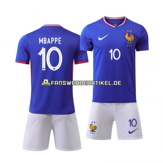 Kylian Mbappe 10 Trikot Frankreich Kinder Heimausrüstung Blau Euro 2024 Kurzarm