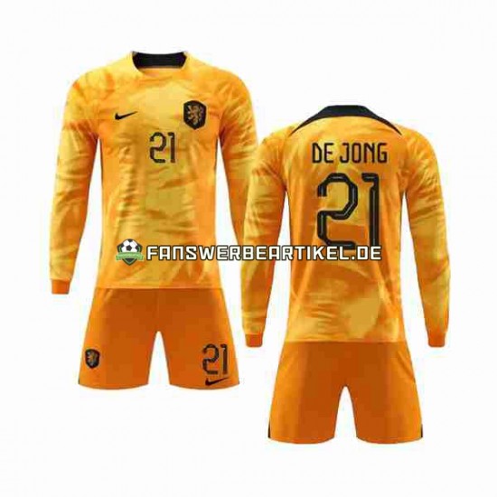 De Jong 21 Trikot Niederlande Kinder Heimausrüstung WM 2022 Langarm